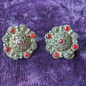 Antique 900 Silver Filigree Earrings With Red Ruby Gemstones